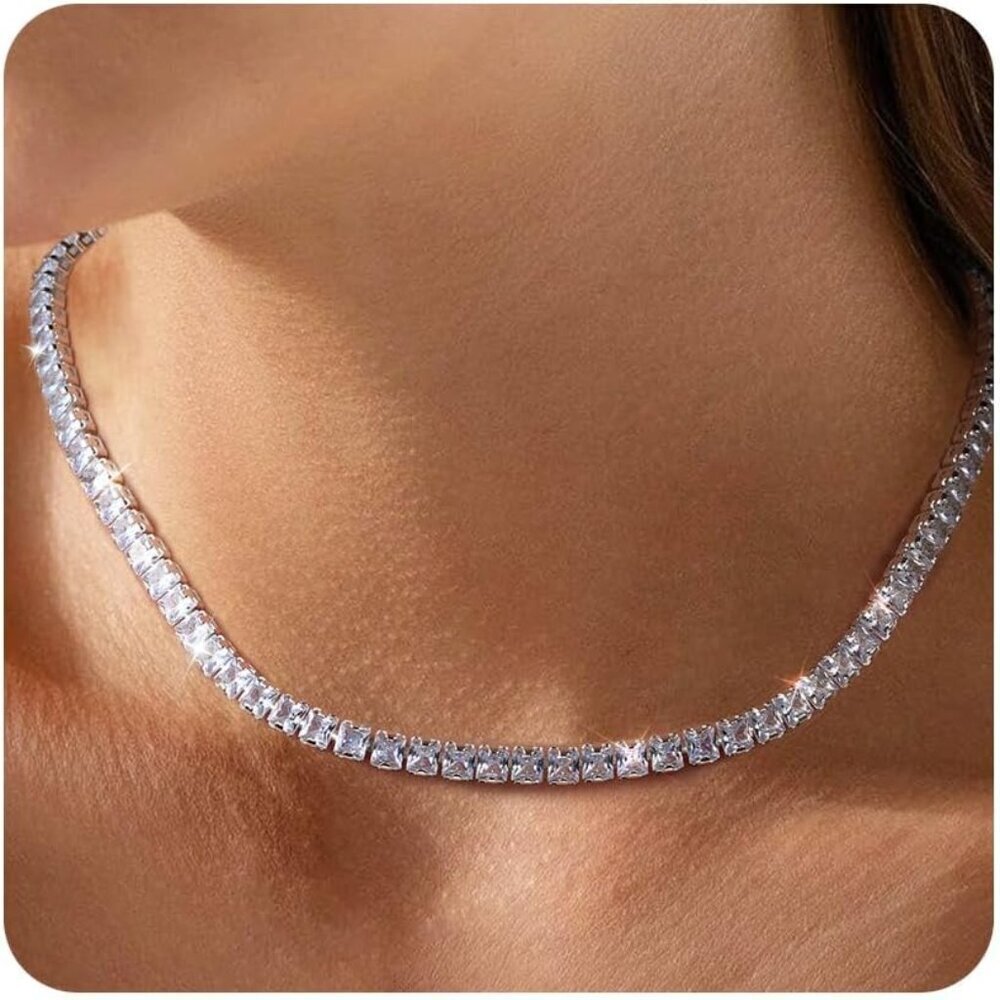 Women’s Silver Brass Tennis Necklace 3mm 4mm Adjustable Choker Jewelry Gift